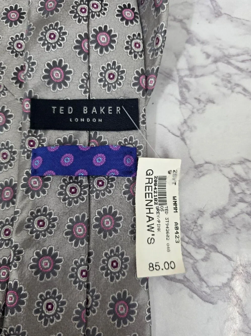 Ted Baker Silk Silver Grey Tie with Pinkish Purple Floral Medallions NEW Necktie